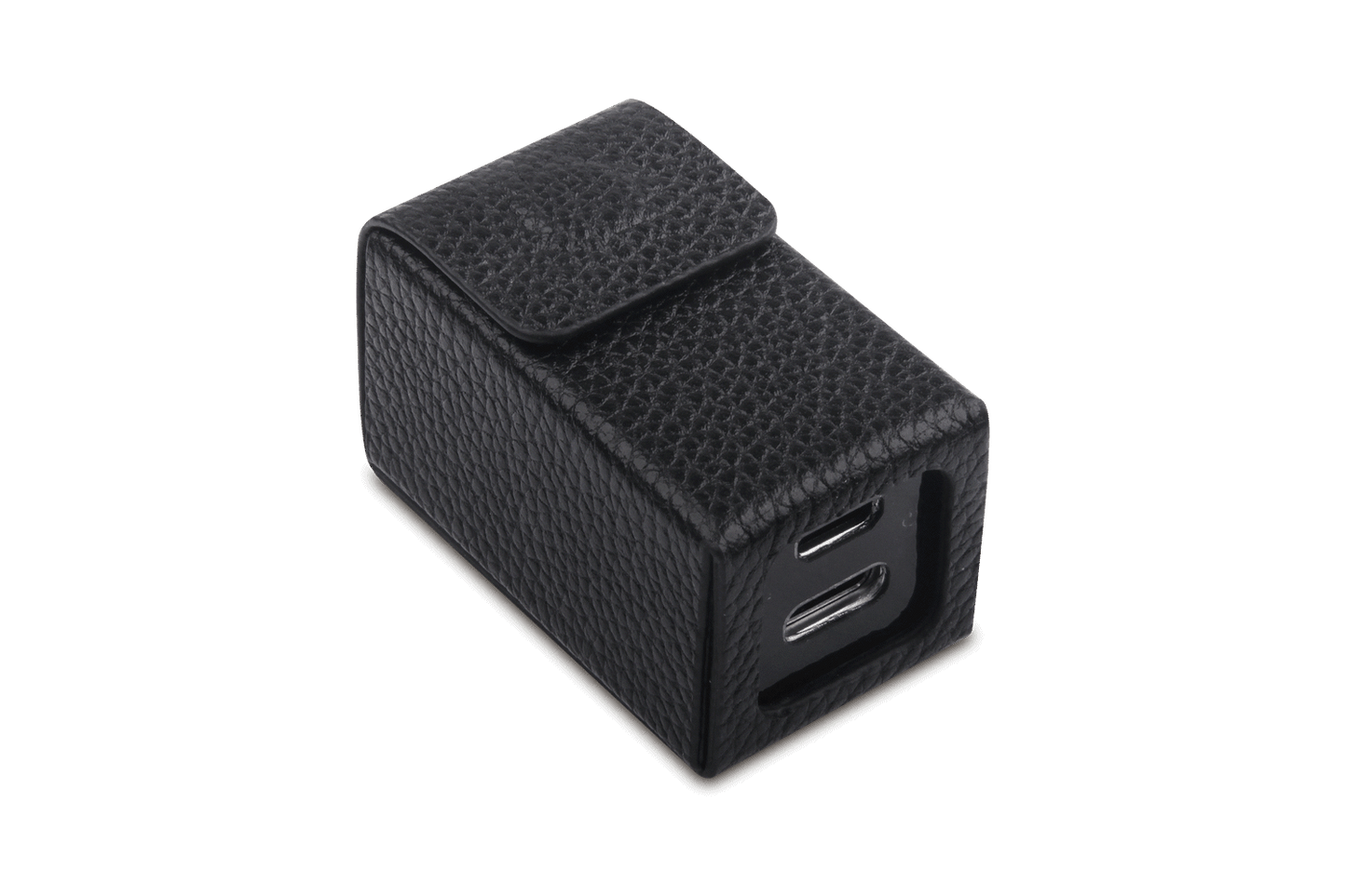 Genuine leather HiFi isolator case in black with a secure flap closure for protection.