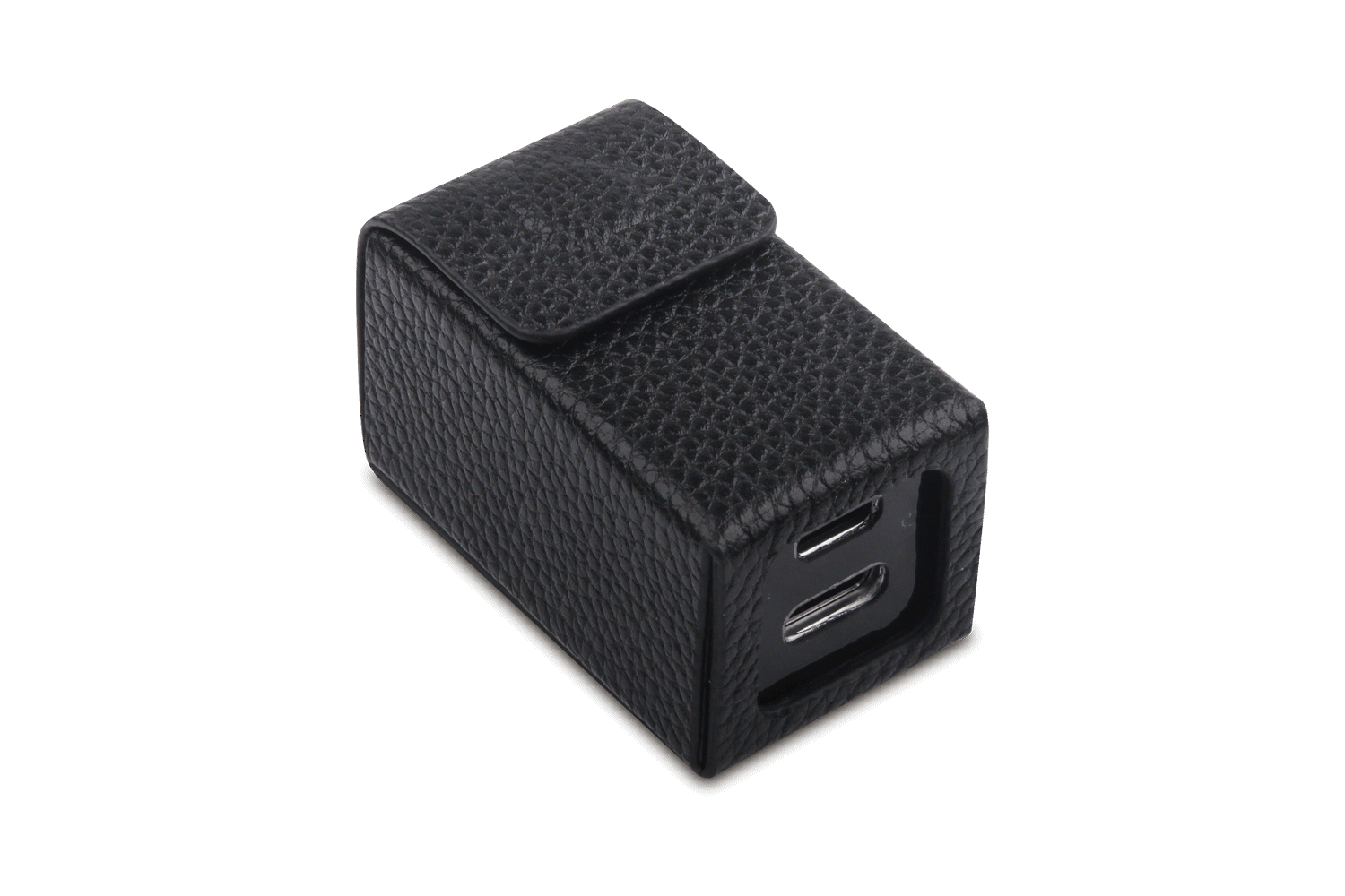Genuine leather HiFi isolator case in black with a secure flap closure for protection.