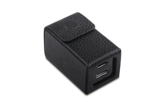 Genuine leather HiFi isolator case in black with a secure flap closure for protection.