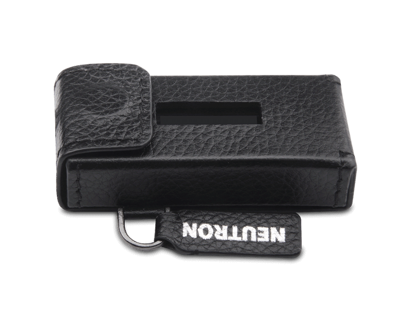 Neutron HiFi DAC leather case in black with a secure flap and logo for protection and style
