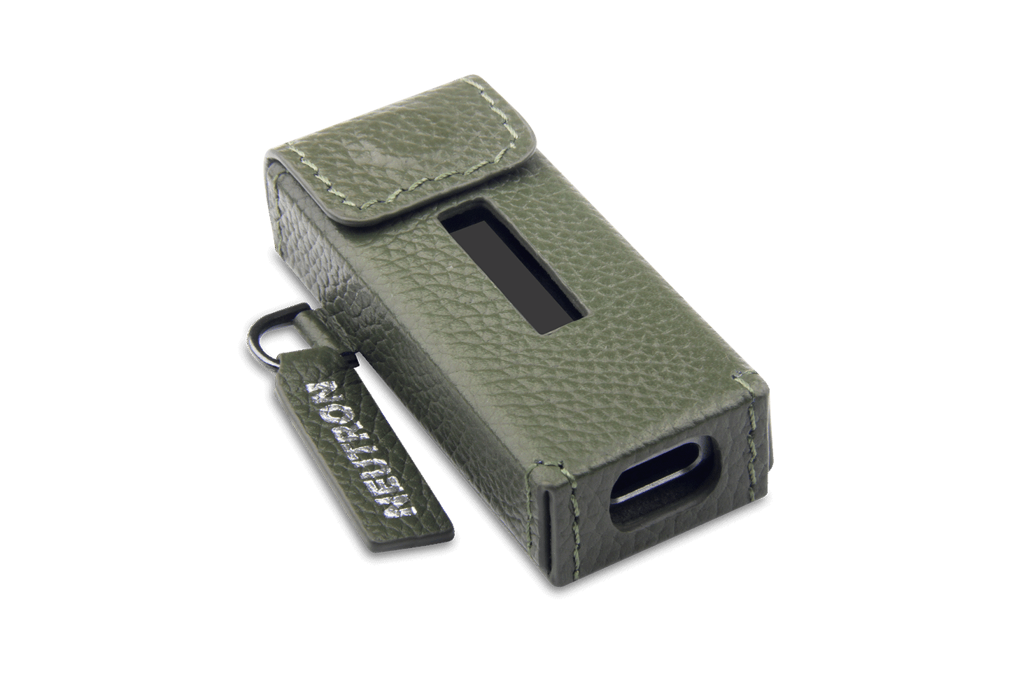 Neutron HiFi DAC leather case in green featuring precise cutouts and a sleek design for protection