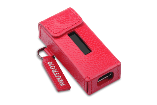 Neutron HiFi DAC leather case in red with a sleek design and convenient keychain attachment