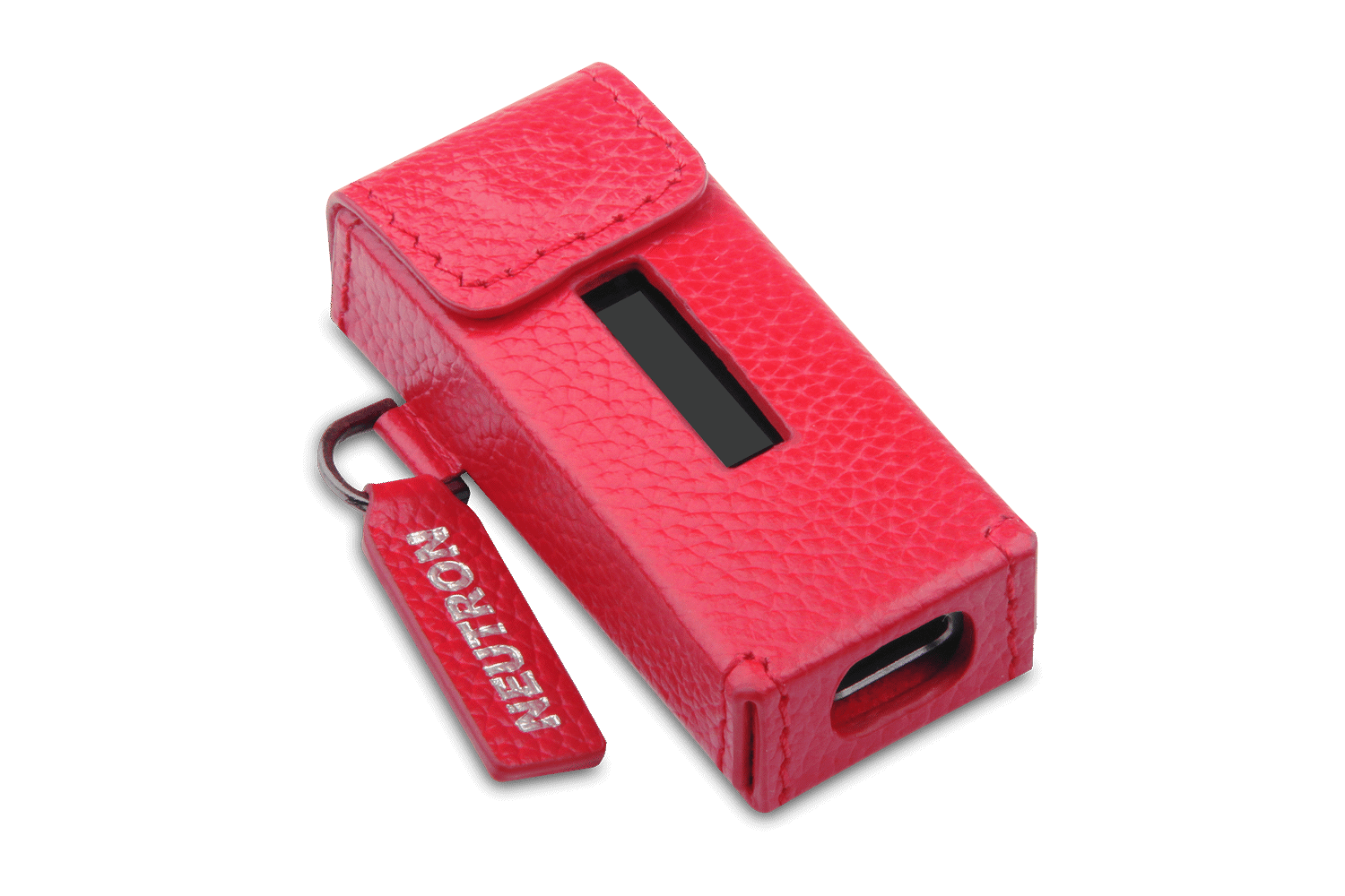 Neutron HiFi DAC leather case in red with a sleek design and convenient keychain attachment